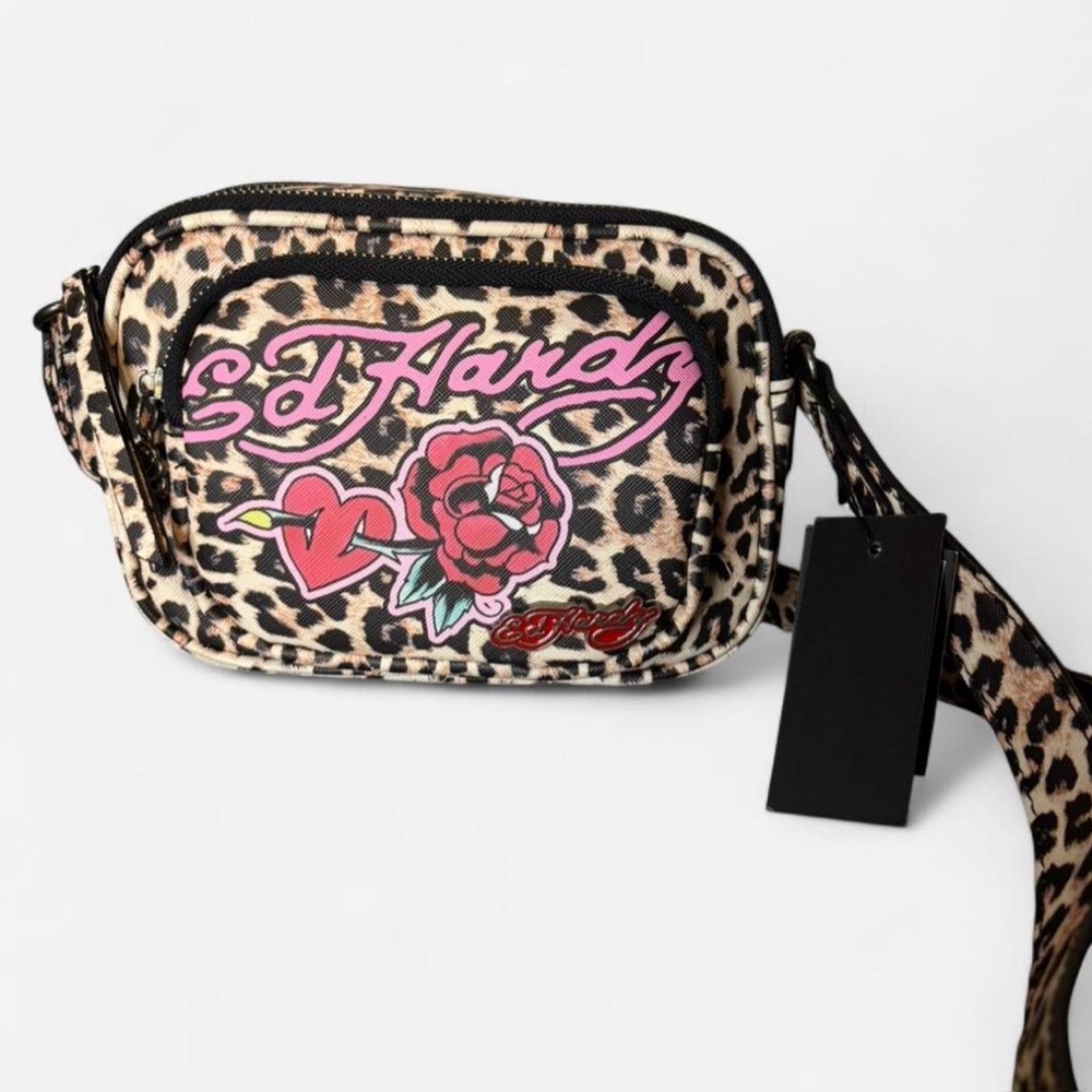 Ed Hardy Leopard Crossbody Bag with Pink and Red Accents